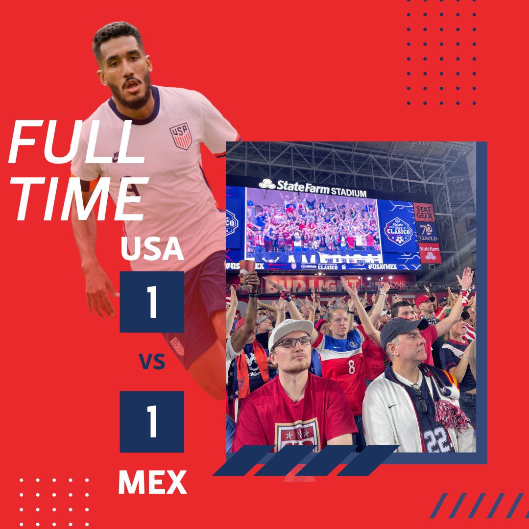 FT: 1-1 A gritty comeback draw for the USMNT after a tough match. Mexico *still* hasn’t beaten us since 2019. Well done, AO Family! cc @AOPHX