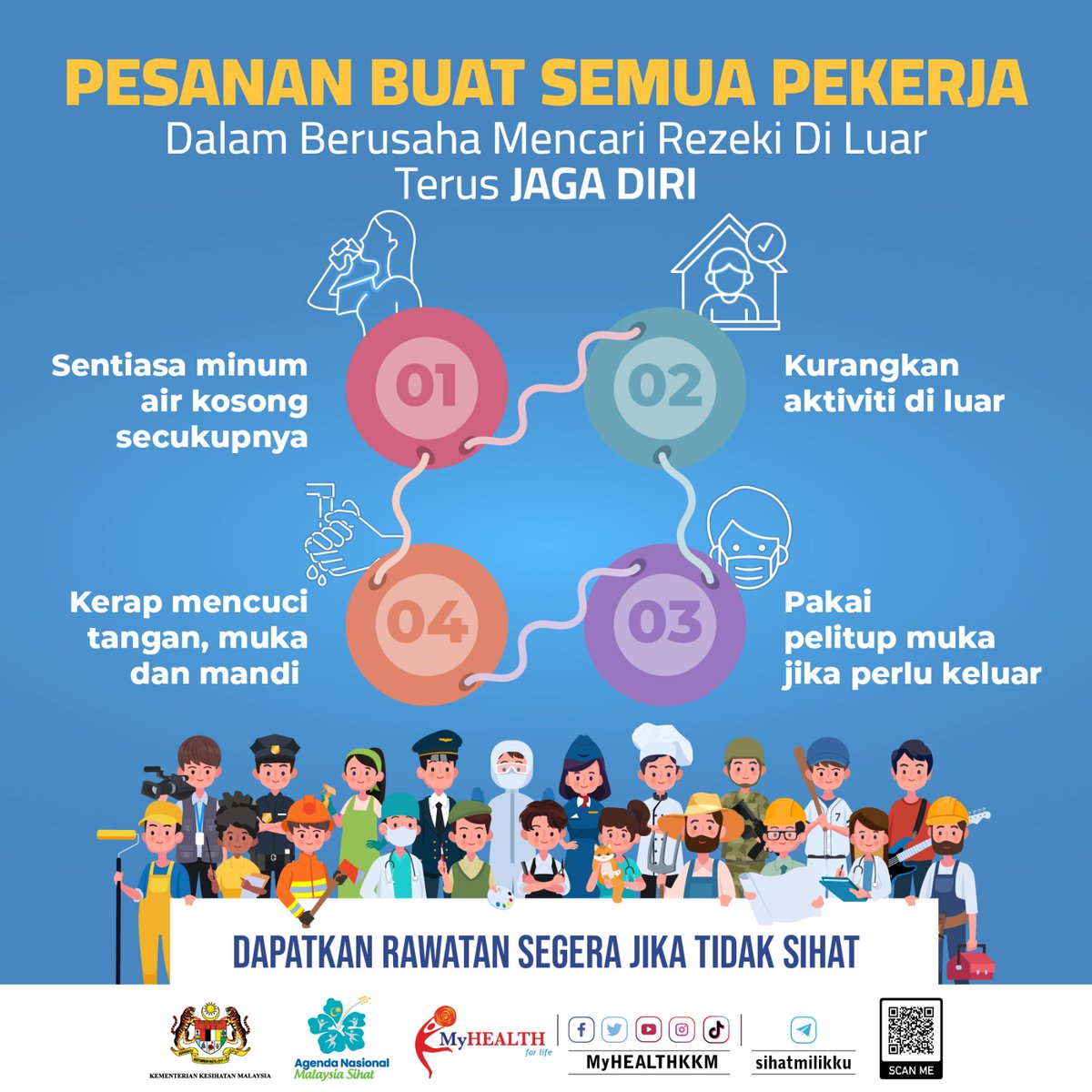 MyHEALTHKKM's tweet photo. Pesanan buat semua pekerja yang mencari rezeki di luar, terus jaga diri.

➡️ Sentiasa minum air kosong secukupnya
➡️ Kurangkan aktiviti di luar
➡️ Pakai pelitup muka jika perlu keluar
➡️ Kerap cuci tangan, muka dan mandi

#ANMS #KekalSihat #sihatmilikku https://t.co/9t1Fu4rdYm