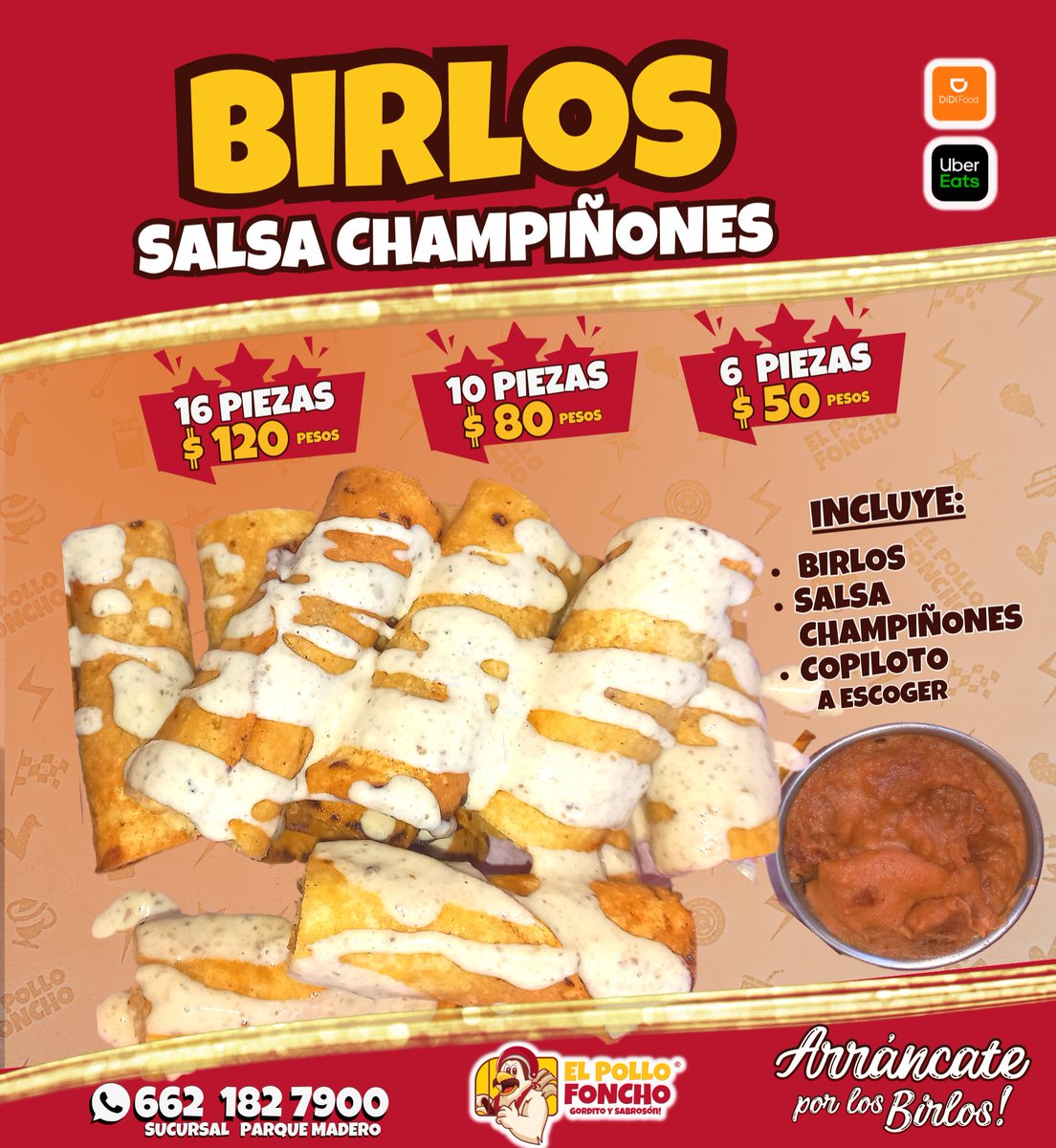 elpollofoncho's tweet photo. Arráncate por los BIRLOS de Pollo!🌮🍗🌶
#Riquísimos, escoge tu #Salsa: #ChileVerde #Champiñones #Tomate y un #Copiloto!
Lunes a Domingo de 11 a 19 Hrs.
¡Con estos Birlos te Picas! 💖
Ordena y recoge 📲662 182 7900 
📍Sucursal Parque Madero
🏍 #UberEats|#DiDiFood
#PolloHermosillo https://t.co/WY1hYFjElY