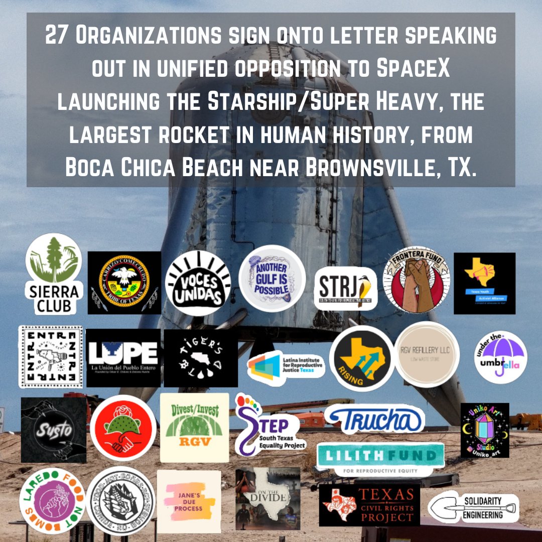TexasSierraClub's tweet photo. Ahead of launch of the largest rocket ever, we're standing shoulder to shoulder w/ 26 other organizations & frontline #RGV residents tonight opposed to the destruction of land, wildlife, sacred sites & culture brought on by SpaceX & local politicians. Read https://t.co/yuI7CNnNNM https://t.co/zxZUsXQPhd