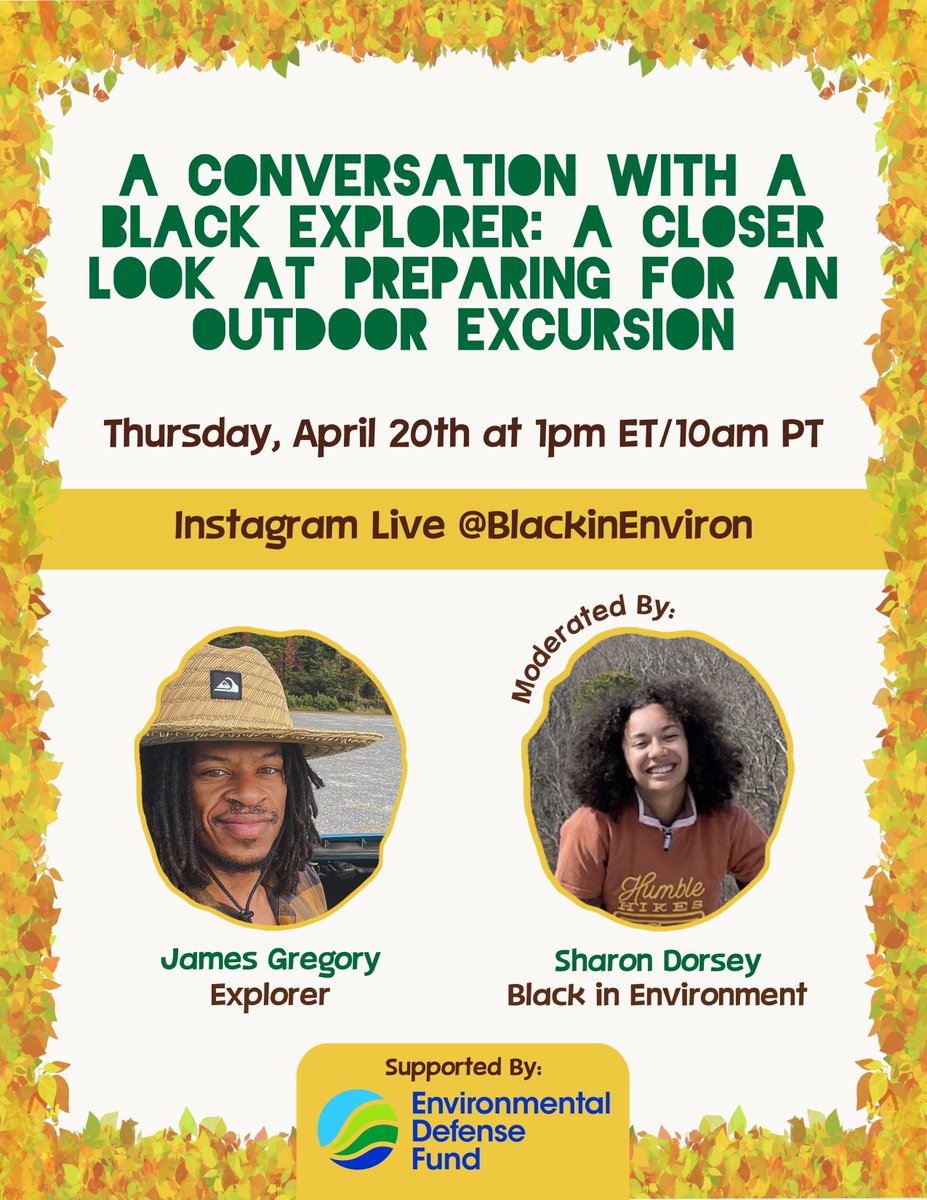 BlackInEnviron's tweet photo. Head over to our Instagram account @ 1PM EST for a conversation between @sharinnature and @OfficialKlkd! #BlackAndOutside #WeOutside #CatchUsOutside #BlackInEnvironWeek https://t.co/kPjH1nElgG
