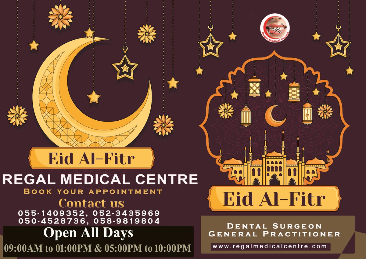 RegMedCent's tweet photo. Eid Al Fitr from the Regal Medical Centre family to yours. To book an appointment during the Eid Al Fitr, Call / WhatsApp us  055-1409352, 052-3435969, 050-4528736, 058-9819804 Our working hours during Eid Al Fitr will be 9:00AM to 1:00PM and 5:00PM to 10:00PM on Open All Days. https://t.co/UcMwG86eFF