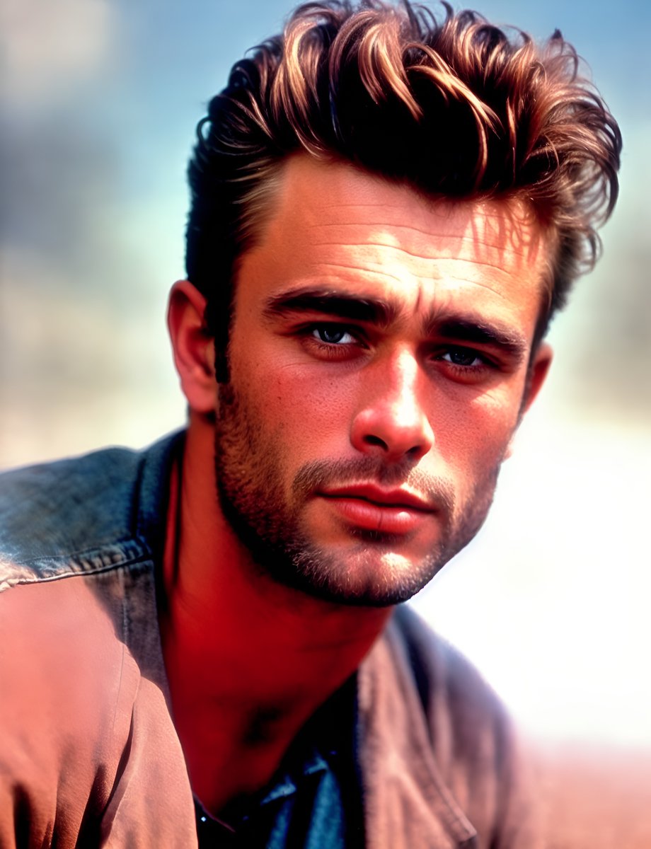 deepcutcue's tweet photo. "40 year old James Dean"
convert to " natural color image" in super high resolution real photo quality, 40 year old James Dean's upper body, beautiful &amp; masculine face with a melancholy expression. Correct round eyes. High definition rendering of hair. https://t.co/pJ0c5DS6bX https://t.co/qvcxpIpeNT