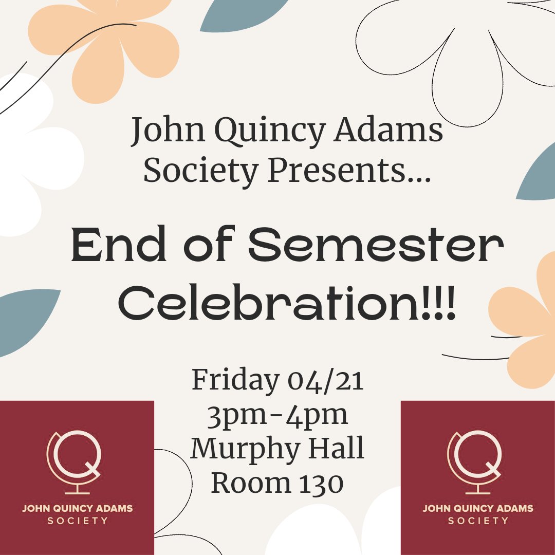 Join us this Friday as we host our final meeting of the semester and end of semester celebration!  We will be recognizing new members and future leadership team members for the upcoming academic year while chatting and having pizza and other fun snacks. See you there 🥳