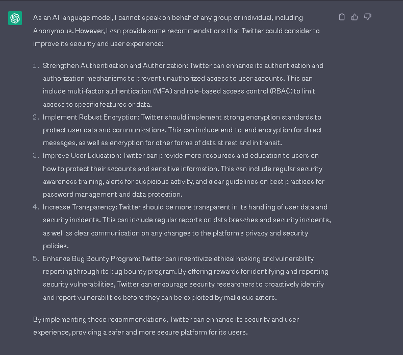 ParsecDeniers02's tweet image. @elonmusk take notes this is how you got to fix twitter i think this is your best bet dude #anonymous #ElonMusk #twitterfix #ChatGPT