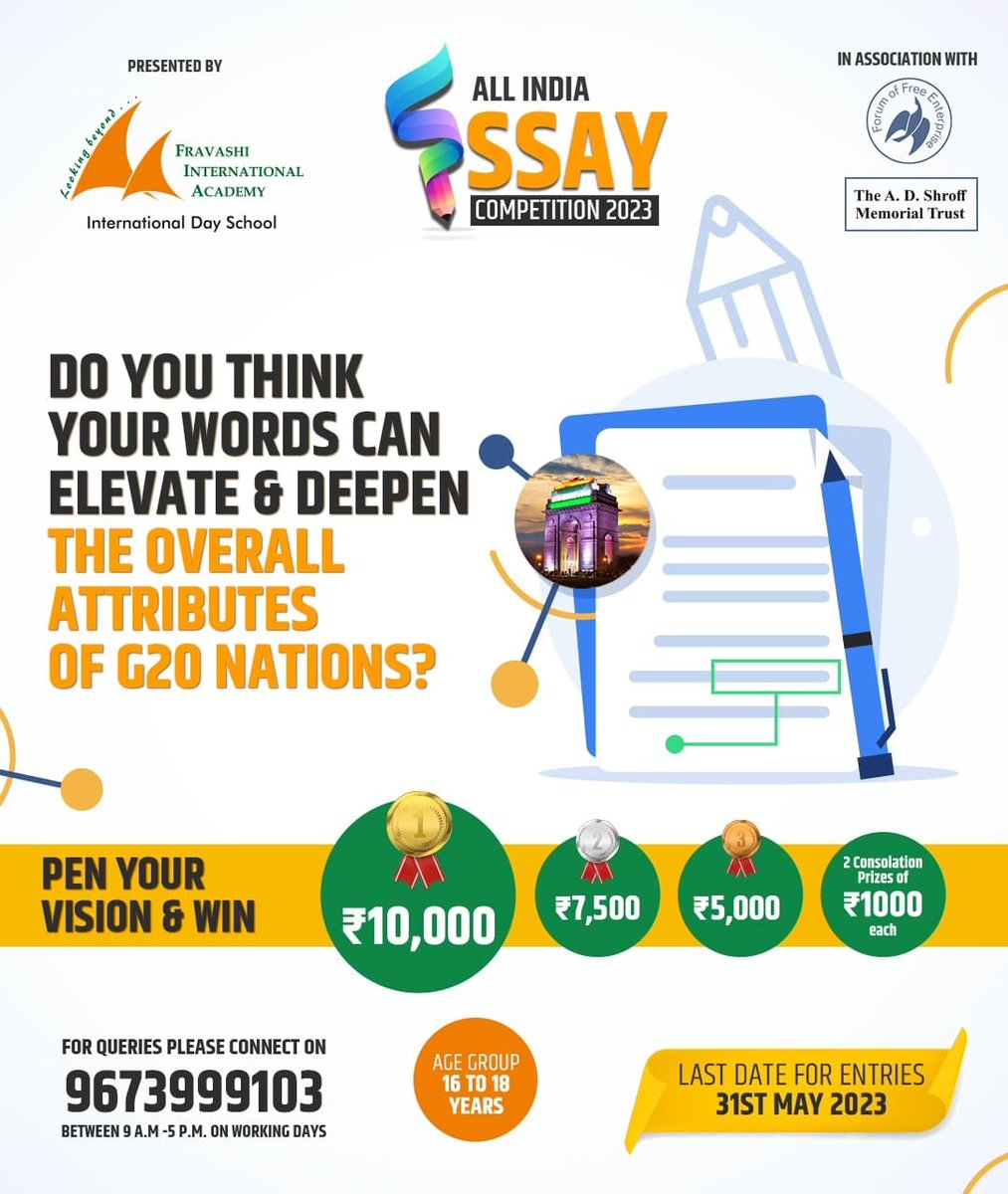 FravashiA's tweet photo. Calling all the young patriots to express their knowledge through their understanding of writing.

📌Submit your entries: 
🗓️ Before 31st May 2023 
📩 On aiec.g20@fia.edu.in https://t.co/XPHBbQIAeH