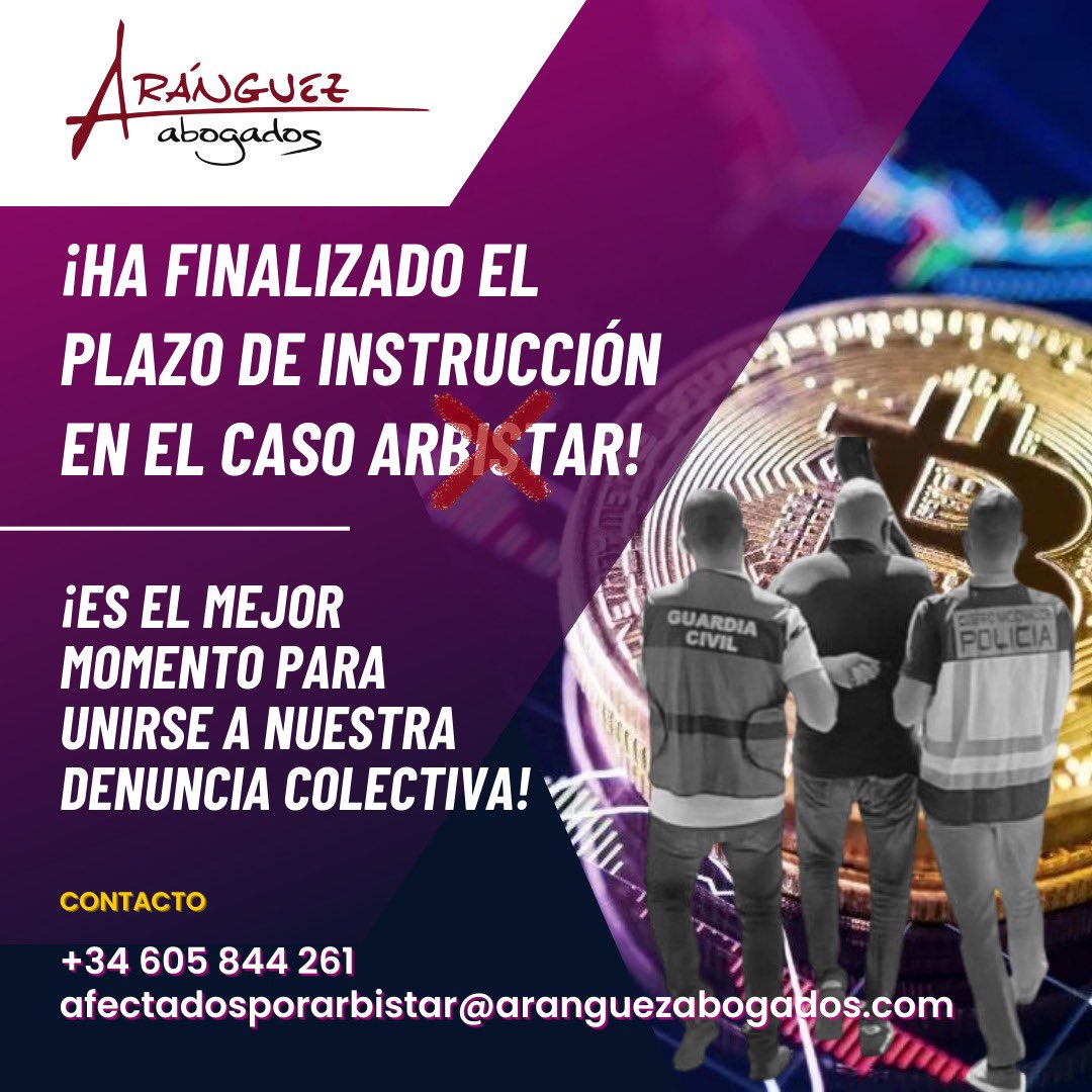 AranguezAbogado's tweet photo. ¿Has sido afectado por Arbistar?
¡Únete ya a nuestra plataforma de afectados!
📲 +34 605 844 261
📨 afectadosporarbistar@aranguezabogados.com
#aranguezabogados #btc #arbistar https://t.co/MwxXEOrW5J