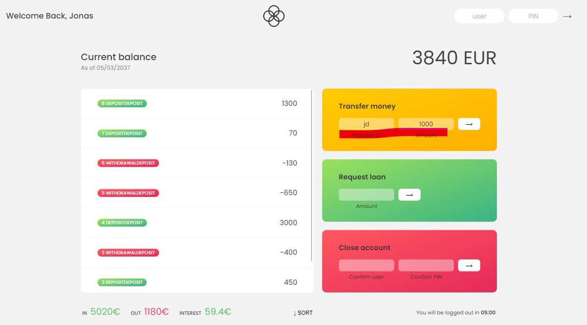 CodeTiffanyL's tweet image. #100DaysOfCode #100daysofcoding #Webdesign  Day73 completed.   Today, I am still going JS course on Udemy and build function of login &amp;amp; transfer. 
First &amp;amp; second pic is in JS account and it transfers $1000 to JD. Third pic is JD account which received $ 1000.