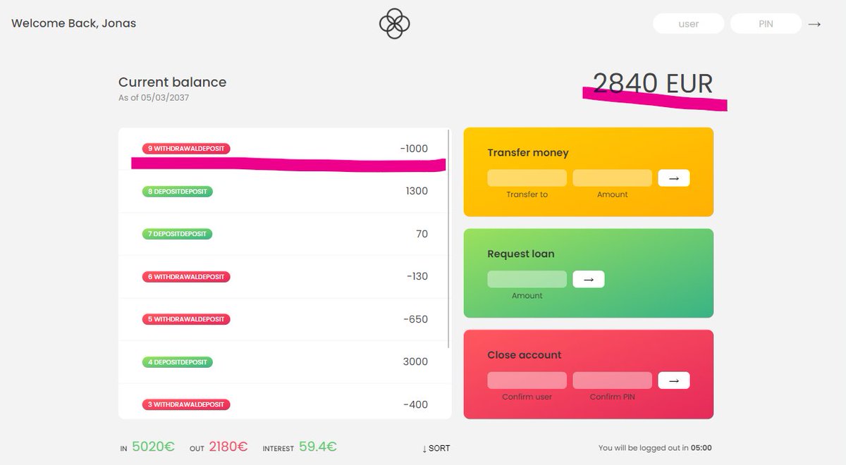 CodeTiffanyL's tweet image. #100DaysOfCode #100daysofcoding #Webdesign  Day73 completed.   Today, I am still going JS course on Udemy and build function of login &amp;amp; transfer. 
First &amp;amp; second pic is in JS account and it transfers $1000 to JD. Third pic is JD account which received $ 1000.