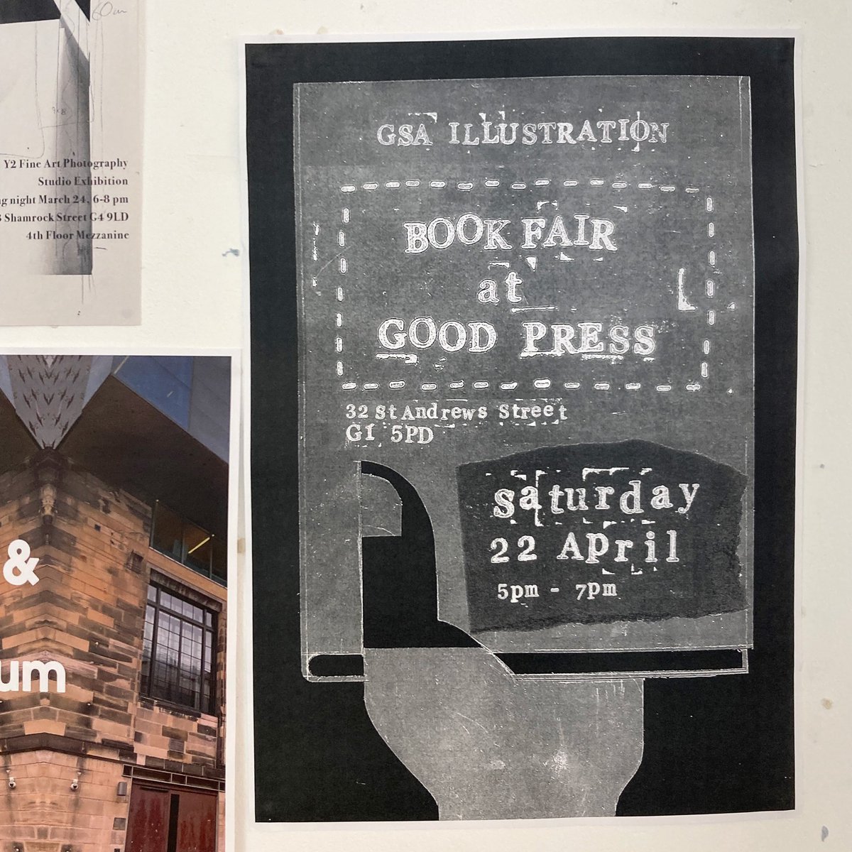 Then, SATURDAY! Here at GPHQ we welcome students from third year illustration at GSA for BOOK FAIR. A presentation of new publications from the cohort. Very special stuff with lots of new books on show. Saturday 22 April! Starting at 5pm!