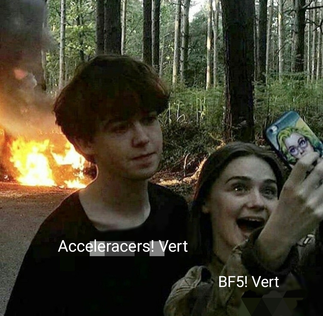 stormshockfuse's tweet photo. More memes for ya'll, I just really thinking about Acceleracers! Vert and BF5! Vert as siblings #battleforce5 #acceleracers #vertwheeler #hotwheels #hotwheelsbattleforce5 #BF5 #HWBF5 https://t.co/Ni7dZBdTJ8