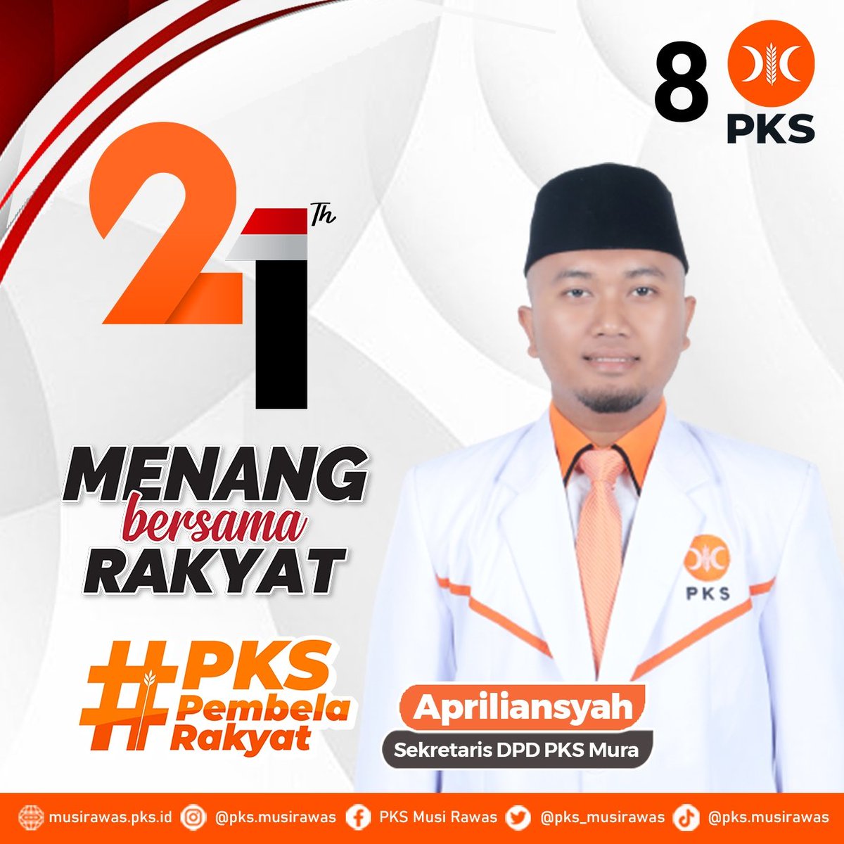 pks_musirawas's tweet photo. Selamat Milad ke-21
Partai Keadilan Sejahtera
Menang Bersama Rakyat 🇮🇩🧡
.
.
.
#PKSMusiRawas
#BersamaMelayaniRakyat
#PKSPelayanRakyat
#MenangBersamaRakyat
#Apriliansyah #Suhari https://t.co/5kySE0Sh1e