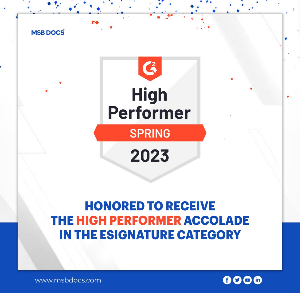 msbdocs's tweet photo. We are #honored to receive the High Performer #accolade in the #eSignature Category for Spring 2023 from G2, recognizing our dedication to #customersatisfaction.
#MSBDocs #eSignatures #G2 #HighPerformer #CustomerExperience #DigitalTransformation #Efficiency #Spring2023 https://t.co/J0RjQHhwht