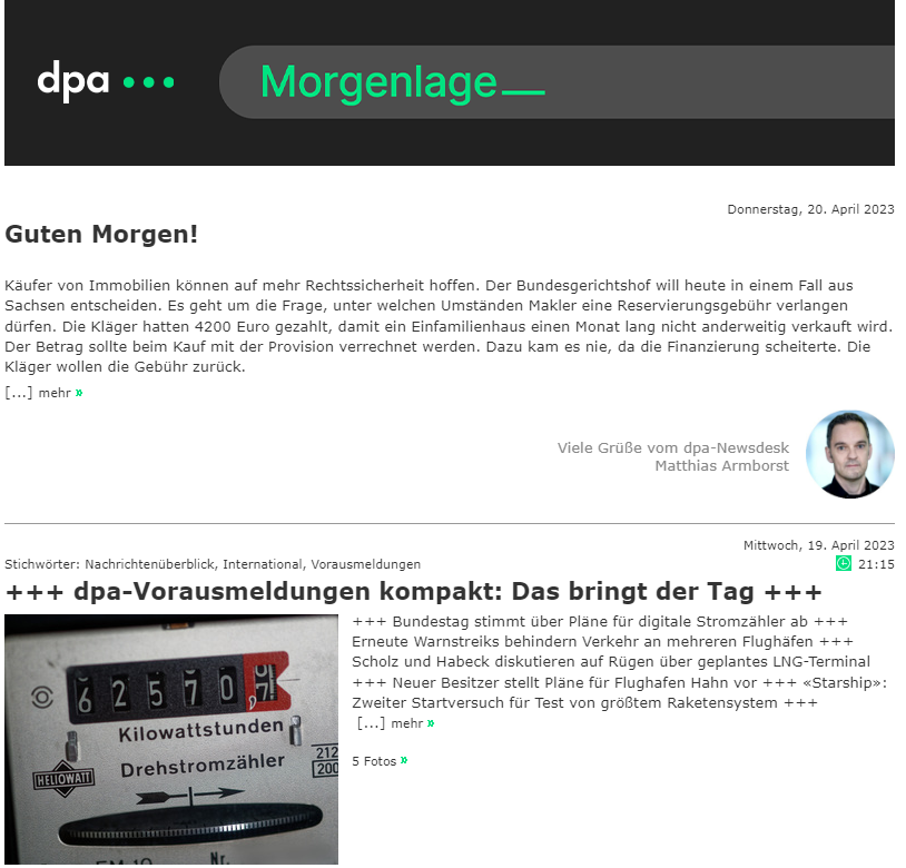 dpa's tweet photo. Guten Morgen! Heute Topthemen bei @dpa: Warnstreiks an mehreren Flughäfen | Lage für Deutsche im Sudan ungewiss | USA kündigen neue Militärhilfe für Ukraine an | Digitale Stromzähler im Bundestag | BGH zu Reservierungsgebühren bei Immobilienmaklern | CL-Aus für FC Bayern (mda) https://t.co/u1oQDLhMBT