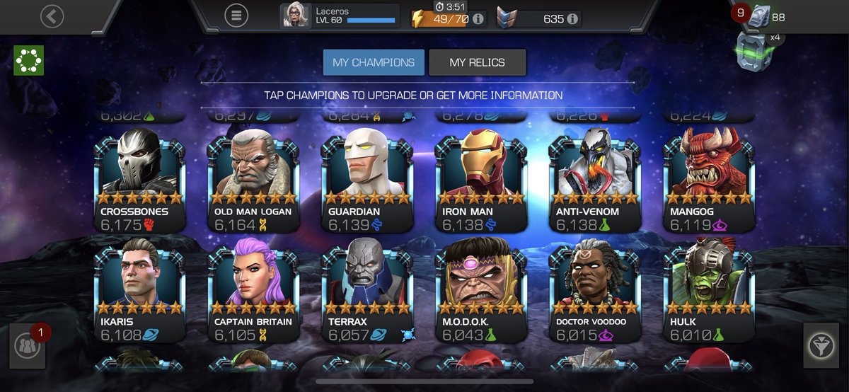 KyleMCOC's tweet photo. @ContestChampion Ive been on the fence about what I should be doing now. Should I start to focus more on ranking rather than more champs? Currently focused on AQ/AW not really doing 7.1. Here are my 6*s https://t.co/URmMONv2av