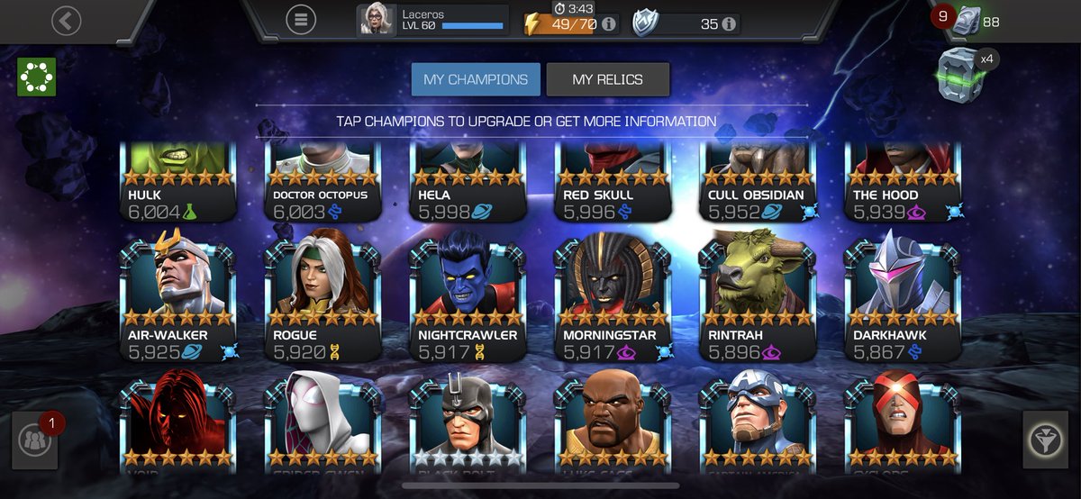 KyleMCOC's tweet photo. @ContestChampion Ive been on the fence about what I should be doing now. Should I start to focus more on ranking rather than more champs? Currently focused on AQ/AW not really doing 7.1. Here are my 6*s https://t.co/URmMONv2av