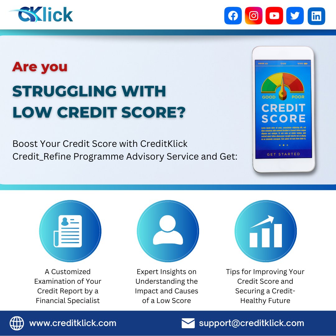creditklickfin's tweet photo. Are you Struggling With Low Credit Score? Boost Your Credit Score with Our Credit_Refine Programme Advisory Service and Get:
.
.
Click Here: https://t.co/2mxrQsklxY
.
.
#creditrepair #creditrestoration #creditscoreimprovement #creditfix #creditrebuilding #credithealth #RRvsLSG https://t.co/OBVcmd4uvZ