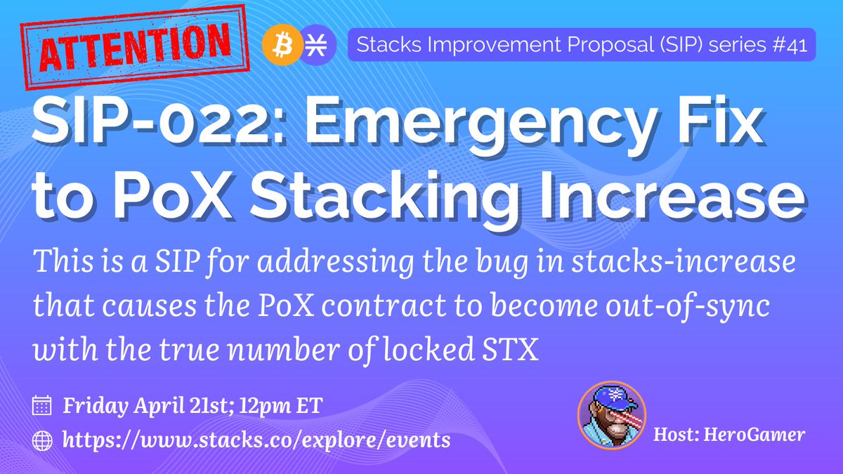 🚨Attention Stacks community🚨
A #bug in the Stacks increase call has been identified, which is affecting #stacking rewards in the current cycle. This is causing some payouts to be lower than expected.

✅ Sign-up to this SIP call: events.stacks.co/event/wS159553…
🧵👇