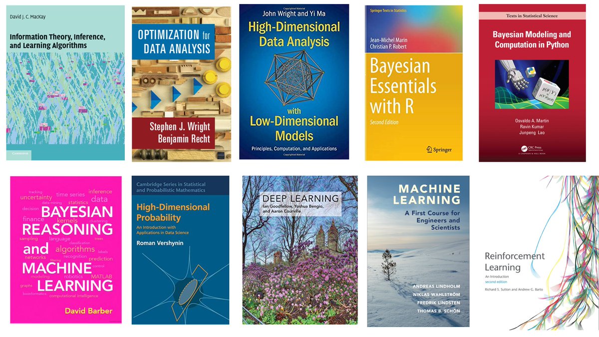 🎉 Some great textbooks  on AI, machine learning, statistics and information theory   

👉Curated list with 🆓open access PDFs to the book web pages:franknielsen.github.io/Books/CuratedB…

Most book web pages offer great resources: slides, exercises, codes, notebooks, video, and more!