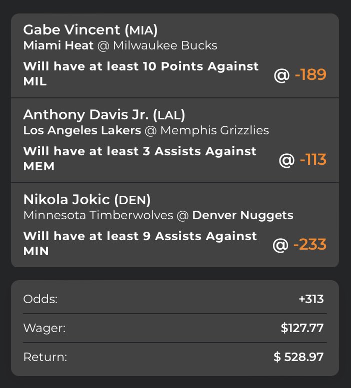 GeezyPZ's tweet photo. Something light for tonight ✅✅✅
1 pick from each of the games and we 3/3 again, Jokic with 3 Assist in the last 4 minutes to bring it home💹💯 

#PlayoffParlays #GamblingTwitter

 $127 ➡️ $528 https://t.co/dgBrAeNqkt