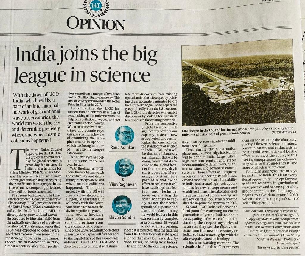 kvijayraghavan's tweet photo. Here's the print version, an OpEd by @RanaXAdhikari  @kvijayraghavan and Shivaji Sondhi on LIGO, what it means and what are the opportunities which must be grasped. https://t.co/3BvWvTROtB
