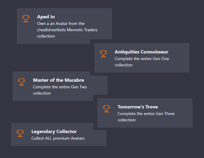 vanderdevx's tweet image. Thank you to the Reddit Avatar community for the feedback today for AvatarDex.io!
As requested, a few more Achievements have been added. They are pretty tough... do you have what it takes to complete them?