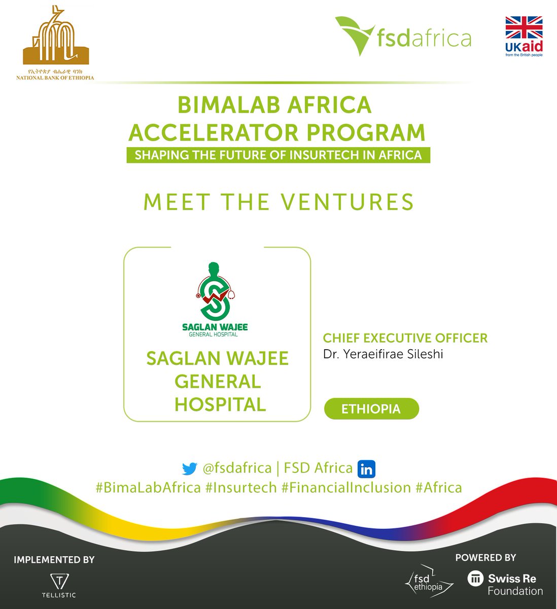 wajeehospital's tweet image. Congratulations #Ethiopia!

@wajeehospital  has been selected as Venture for #BimaLab, by @FSDAfrica @FSDEthiopia  @NBEthiopia and @SwissRe 

We’re glad to be able to shape the Ethiopian Private Health Insurance System and the momentum will only be going up!

#InsurTech #Health