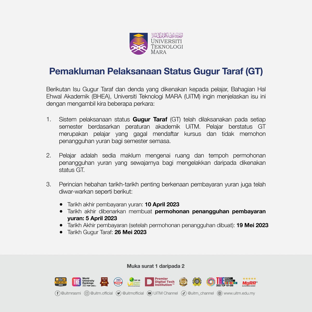 uitmofficial's tweet photo. Permakluman Perlaksanaan Status Gugur Taraf https://t.co/dAJqFFw0Br