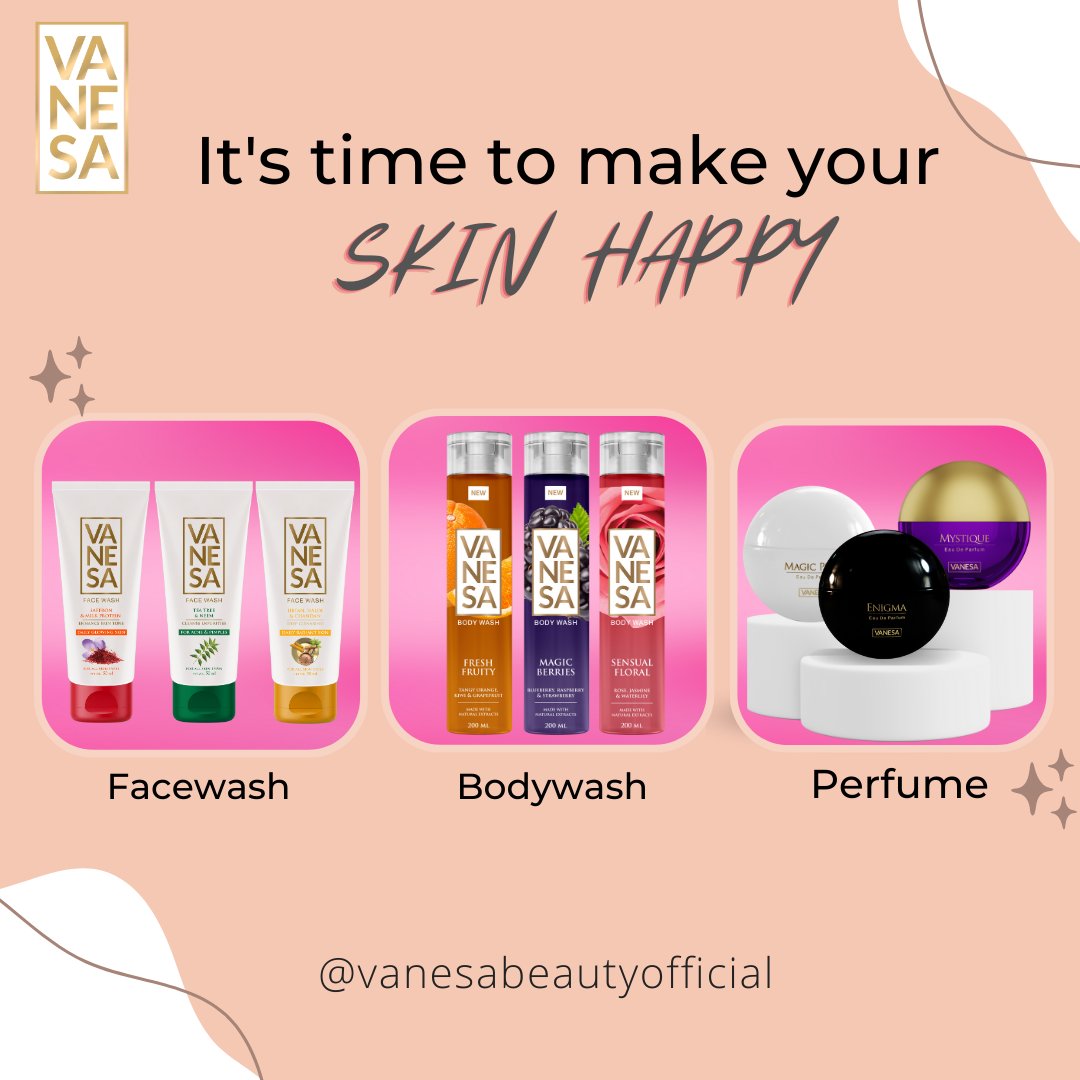 VanesaBeauty_'s tweet photo. Get happy skin with Vanesa products. Our facewash and Bodywash are formulated to remove dirt from your face and body pores, while our perfume will leave you smelling divine! 
#Vanesa #Fragrance #SkinCareTip #Bodyperfume #Bodywash #Facewash #VanesaFaceWash #VanesaBodyWah #Skin https://t.co/aqodEvdfmy