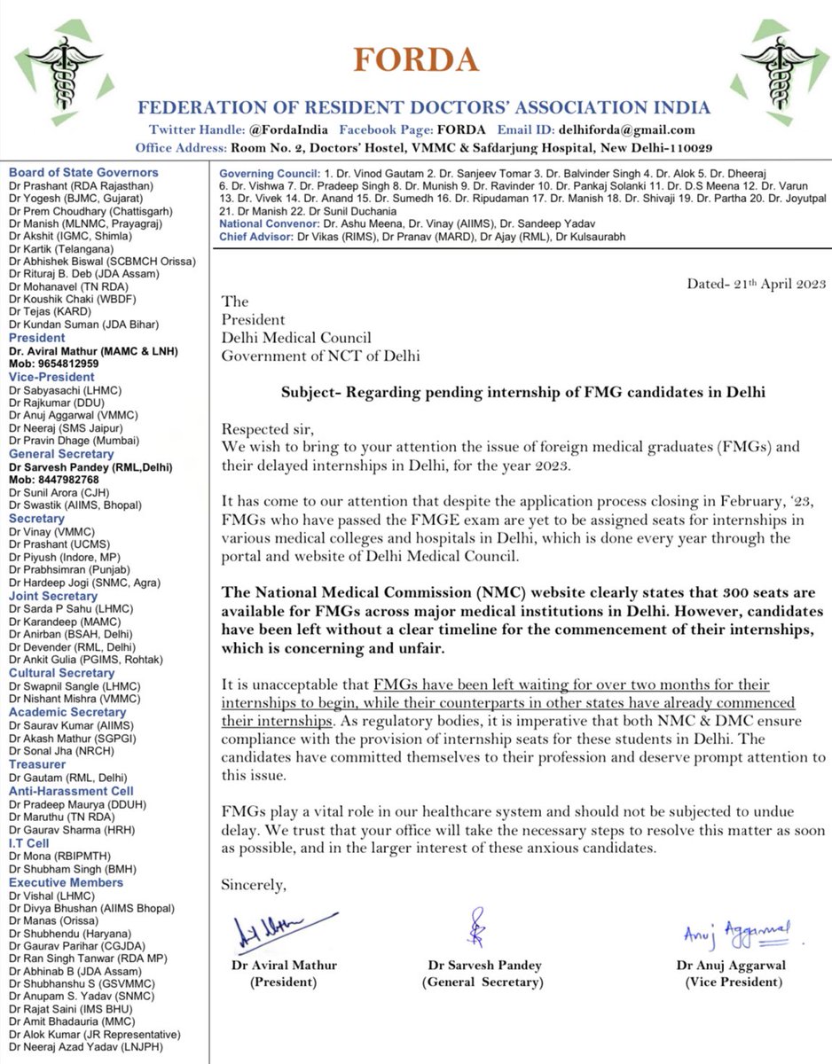 FordaIndia's tweet photo. #FMG candidates have been waiting for their internships to start since 2 months now. Requesting @dr_arunkgupta & @GirishTyagiDMC to kindly look into the matter and help find a swift solution. 

If provisions are made by @NMC_IND, they should be adhered to by all the colleges. 

@DelhiMedicalA3 @DalmiyaDr @ANI @medicaldialogs @Xpress_edex @AshishOnGround @hemantrajora_