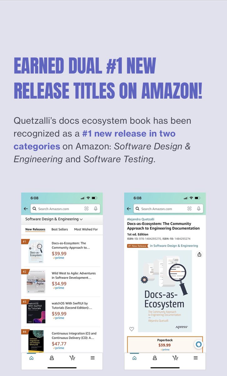 QuetzalliWrites's tweet photo. 📣 EARNED DUAL #1 NEW RELEASE TITLES ON AMAZON!

Quetzalli’s docs ecosystem book has been recognized as a #1 new release in two categories on Amazon: Software Design &amp; Engineering and Software Testing. https://t.co/2NaNadKYCM