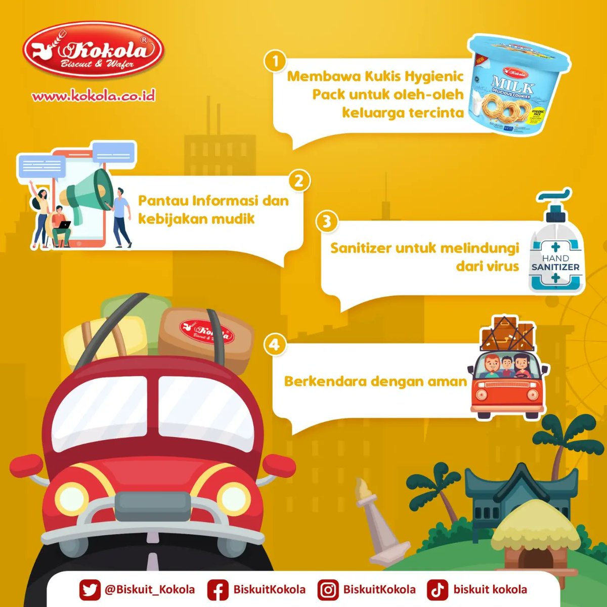 biskuit_kokola's tweet image. Ada yang sedang bersiap berangkat mudik gak nih Sobat Kokolaverz ? 

Mimin bagi-bagi tips mudik aman, bahagia &amp;amp; sehat nih buat sobat kokolaverz yang mau mudik ke kampung halaman 🥰

Eitsss.. dan pastikan kamu bawa kukis hygienic pack yaa untuk oleh-oleh keluarga tercinta di -