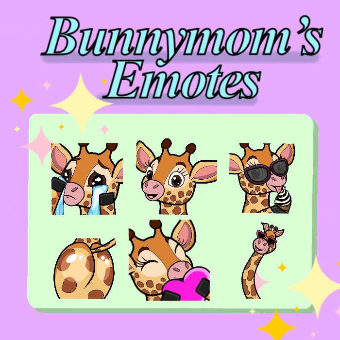 bunnymom33's tweet photo. SECOND EVER PACKAGE AVAILABLE!!! 

🌟25$🌟

Included 5 standard and one animated emote. The bottom right is animated and a preview is already posted if you want to see it ! 🦒🦒🦒🦒 https://t.co/VNu6C8T6qS