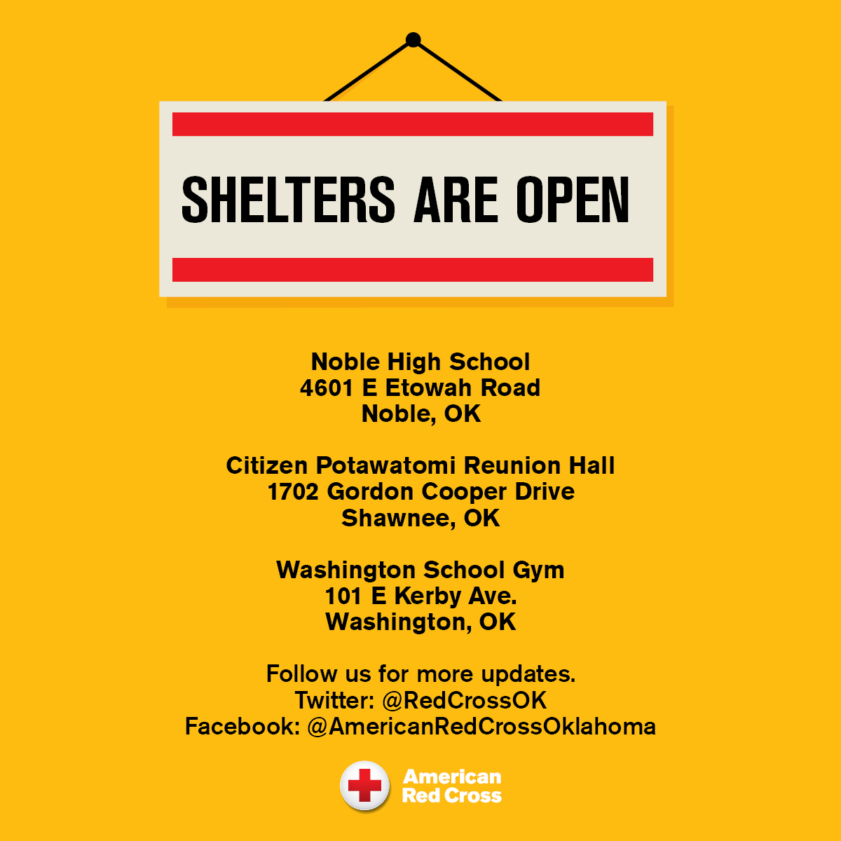The Red Cross is opening shelters for people affected by tornadoes that hit Oklahoma communities tonight.
- Noble High, 4601 E Etowah Road, Noble
- Citizen Potawatomi Reunion Hall, 1702 Gordon Cooper Drive, Shawnee
- Washington School Gym, 101 E Kerby Ave., Washington
(1/2)