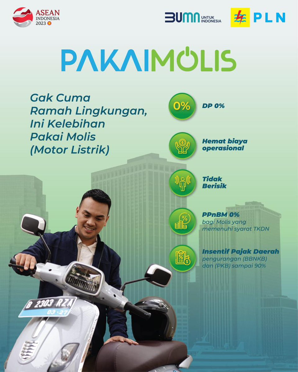 pln_ntb's tweet photo. Hai PLNers, selain lebih ramah lingkungan dibandingkan dengan Motor BBM, motor listrik (molis) ini juga punya segudang keunggulan lainnya loh.

Mulai dari kemudahan DP 0%, hemat biaya operasional, pembebasan aturan ganjil genap sampai insentif pajak daerah hingga 90%. https://t.co/Koen6zzMOF