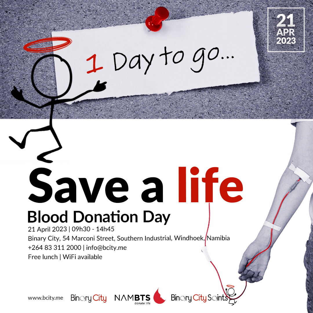 Join our Blood Donation Day, tomorrow at Binary City - Windhoek. Help us ensure that those in need receive the life-saving blood they need. ❤

bcity.me/binary-city-sa…

#namibia #windhoek #communityimpact #donateblood #NAMBTS #bcsaints #1clockingmasters #binarycity