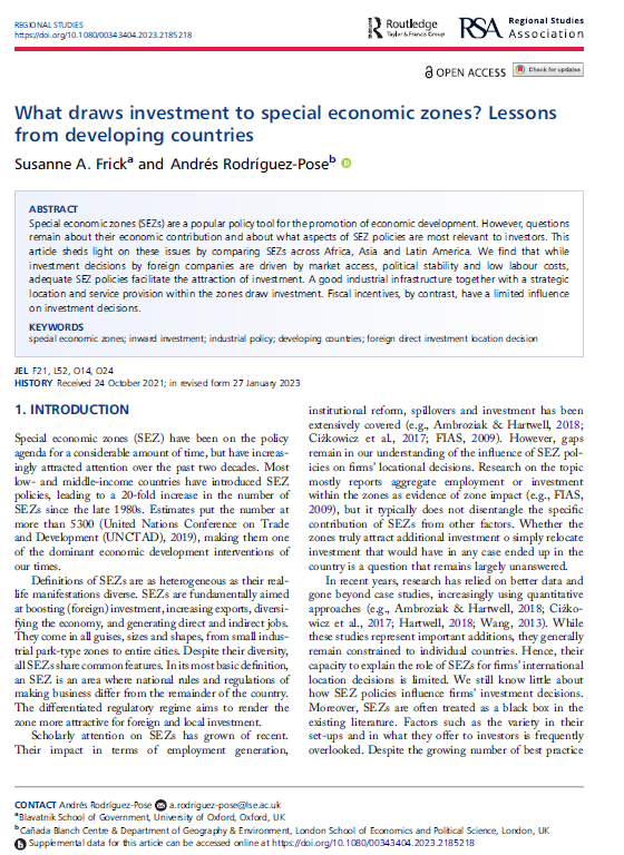 rodriguez_pose's tweet photo. What draws #investment to special economic #zones? Lessons from #developing countries
Everything you want to know about #SEZs and about their capacity to promote economic #development just out in @RegionalStudies.
Written with Susanne Frick.
https://t.co/kxnDjMbAr0 https://t.co/Jy8pm7yDxB