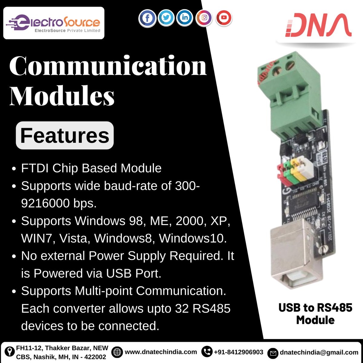 dnatechindia's tweet image. Communication Modules
USB to RS485 Module
#communicationmodules #features #ftdichip #supports #widebaudrate #windows #externalpower #powered #usbpoprt #multipoint #communication #device #connected #electronicsengineering #components #nashik
