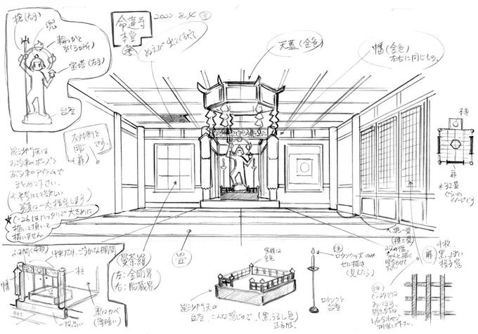 公開されてる18話の予告にも出てくるけど命蓮寺の本堂は私が監修してますよ😊卍

知る限りお寺の本堂内は宗派によっても同宗派でも結構バラバラで、これが正解というのはなさそうで(やってはいけない配置はあると思う)それっぽく見えればいいというハッタリでデザインしてます
星蓮船やりたかったねー 