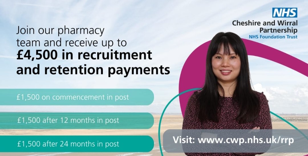 JasmeenIslam's tweet photo. Come and join our friendly Pharmacy Team at Cheshire & Wirral Partnership NHS Foundation Trust
Are you an experienced pharmacist who is passionate about mental health and looking for a new challenge?
We have a number of vacancies - take a look at the links below for the following Specialist Pharmacist posts in:
⭐ Community Mental Health
⭐ ADHD
⭐ Perinatal Care
⭐ Complex Needs
If you are an external applicant and successfully appointed to the role you could receive £4,500 in recruitment and retention payments. We also offer a relocation package of up to £8,000
(T&Cs apply - see advert)
https://t.co/gf3kiTplgi
https://t.co/EMYJV4QZXK
Closing date: 23/04/23