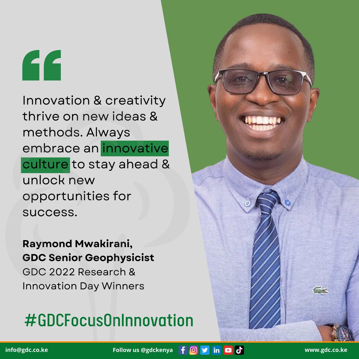 GDCKenya's tweet photo. #GDCTeam Senior Geophysicist, Raymond Mwakirani, shares his insights on how new ideas & methods can fuel innovation & creativity. #GDCFocusOnInnovation #Geothermal https://t.co/y9QaoI03k5