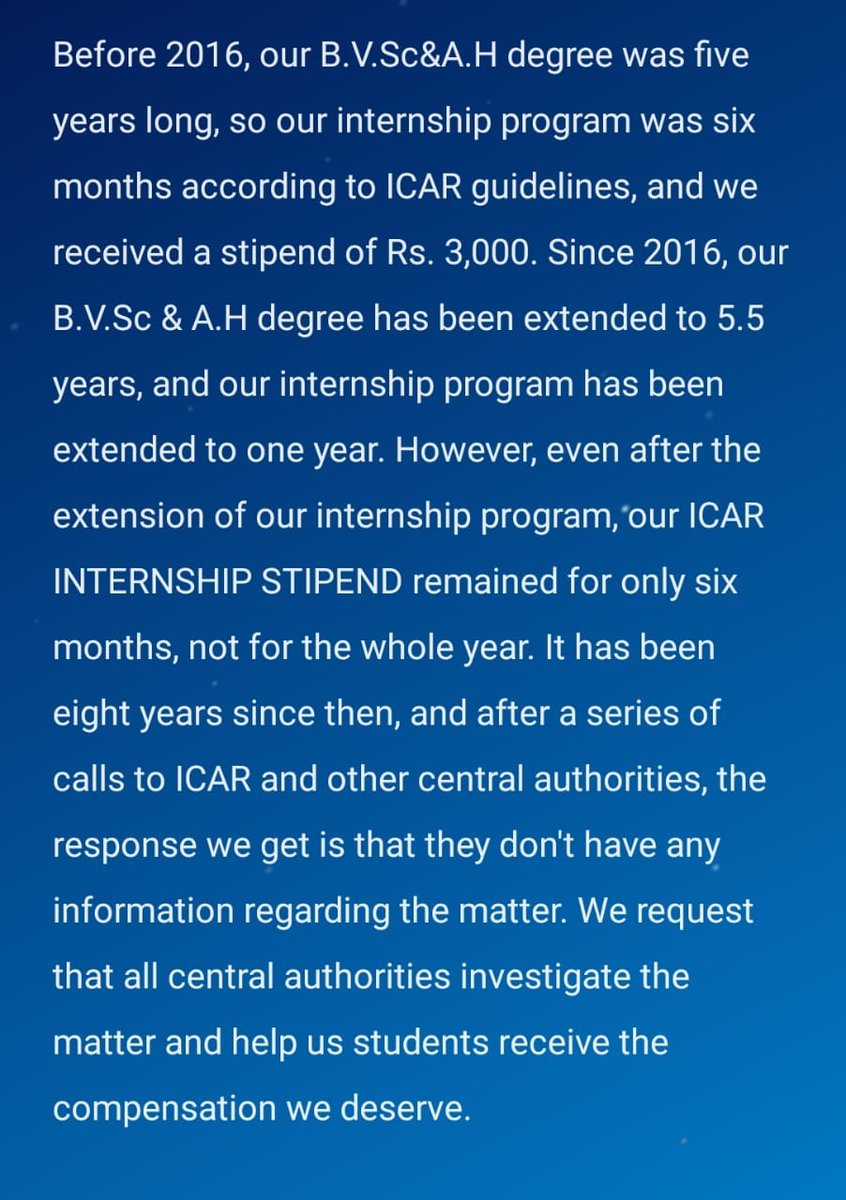 UjjawalNayak6's tweet photo. #JusticeForBVScStudents: Extend ICAR Internship Stipend to 1 Year for 5.5-Year Program!
#INTERNSHIPSTIPEND
@presidentVCI
@IndianVeterina1
@PMO India
@CMODelhi
@icarindia
@JPDALALBJP https://t.co/xtaRerJhL9
