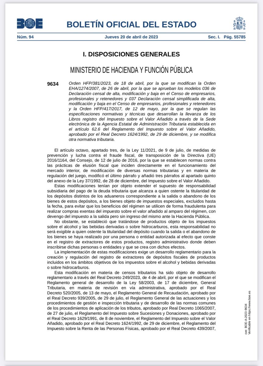 NHidalgoAbogada's tweet photo. BOE 20/04/23 **HIDROCARBUROS Y ALCOHOL Y BEBIDAS DERIVADAS: REGISTRO DE EXTRACTORES**

Orden HFP/381/2023, de 18 de abril, por la que se modifican la Orden EHA/1274/2007, de 26 de abril, por la que se aprueban los modelos 036…

Aprobacion alta REGISTRO DE EXTRACTORES.

#redef https://t.co/e0DgPVVfhG