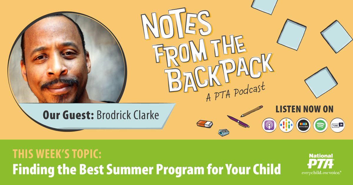 CHISD_PTA's tweet image. NEW #BackpackNotes episode from @NationalPTA featuring Brodrick Clarke of @SummerLearning Tune in for tips to help you choose the right summer program for your child. Listen wherever you get your podcasts or at PTA.org/PodcastEp70

...