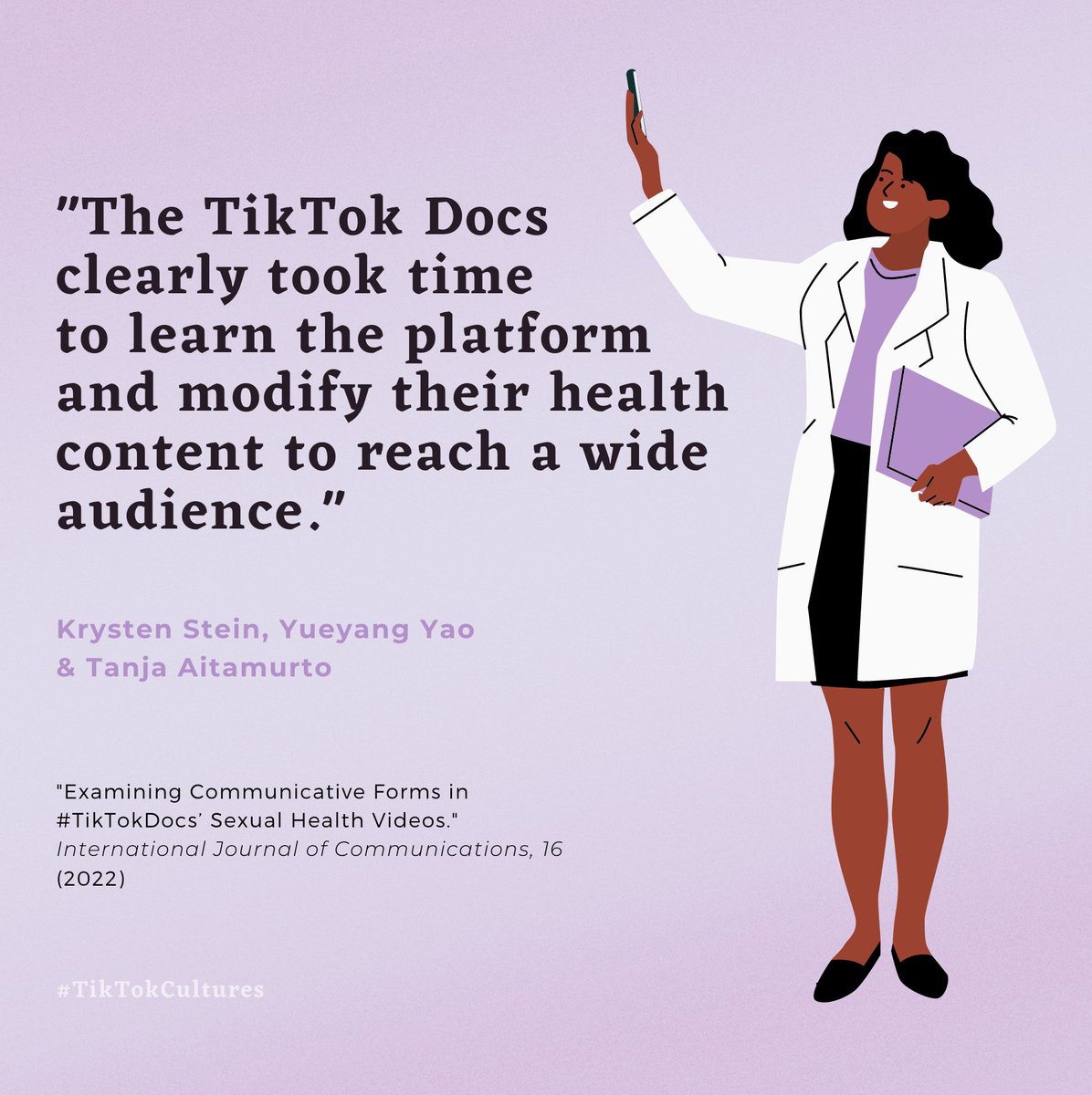 tiktokcultures's tweet photo. In “Examining Communicative Forms in #TikTokDocs’ Sexual Health Videos”, @stein_krysten, Yueyang Yao & Tanja Aitamurto explore how OBGYN doctors navigate TikTok, noting a dual-sided representation of relatability and credibility.
Read more in @IJoC_USC:
https://t.co/jQYnhe6CLt https://t.co/9J3czeUy0h