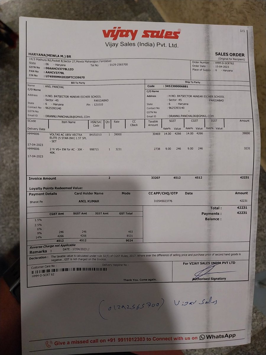 DocStrange604's tweet photo. @VijaySales hello, I Purchased an AC from vijay sales Faridabad (Mewala MAHARAJPUR) on 15/4/23, bt they hv not installed it yet, its almost a week. Phone number is always not reachable. I went there twice, n everytime they said it will be installed today or tmrrw. https://t.co/J6sMf8KXno