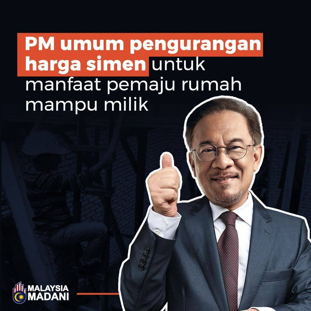 dapmalaysia's tweet photo. #MalaysiaMadani 
Kerajaan dengan kerjasama Persatuan Simen dan Konkrit Malaysia (C&amp;CA) serta pemaju perumahan swasta akan tawarkan harga simen pada kadar berpatutan untuk manfaat pemaju rumah mampu milik berharga RM300,000 ke bawah. https://t.co/Lpqyzqu4Le