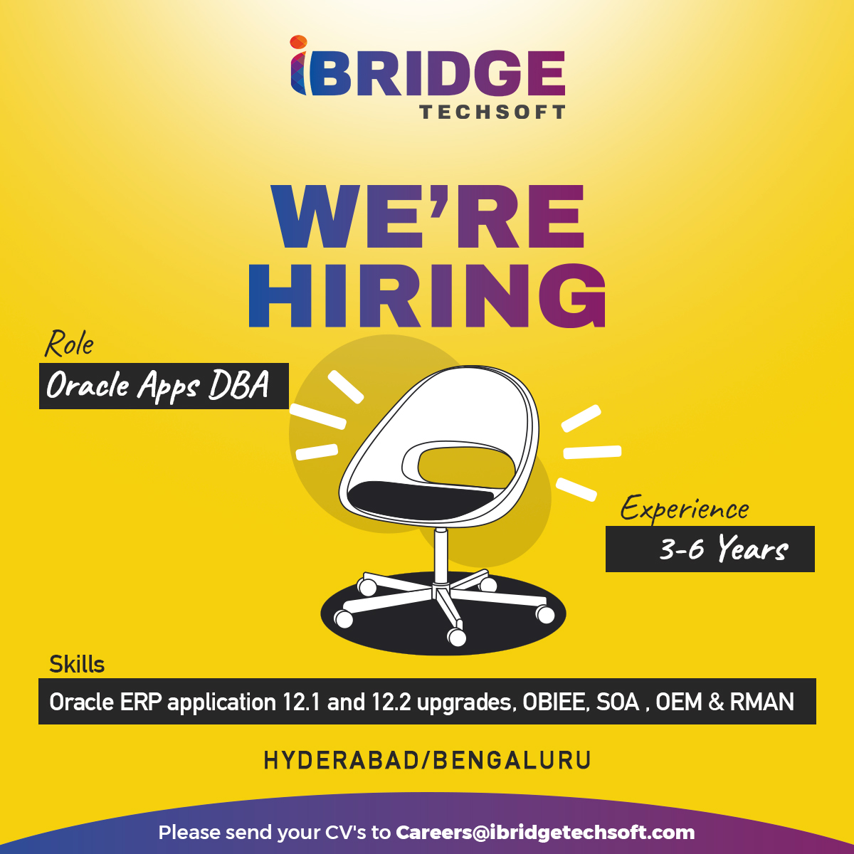 We are Hiring Oracle APPs DBA Manager with an experience of 3-6 years for Hyderabad/ Bengaluru locations. Interested candidates share their resumes to careers@ibridgetechsoft.com

Visit Us🌐:ibridgetechsoft.com

#IBridge #Hiring #HiringAlert #OracleAppsDBA #OracleERP