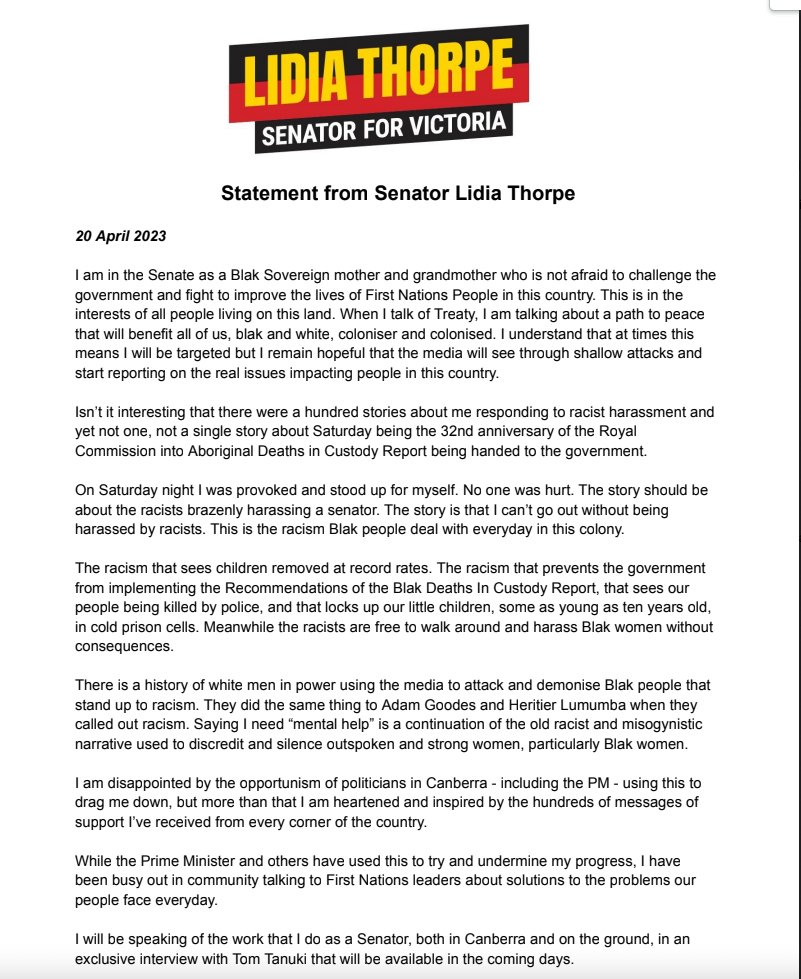 JoshButler's tweet photo. lengthy statement from Lidia Thorpe: "I was provoked and stood up for myself... The story should be about racists brazenly harassing a senator"
"Saying I need โmental helpโ is a continuation of the old racist and misogynistic narrative" https://t.co/gYlfnB0XLO