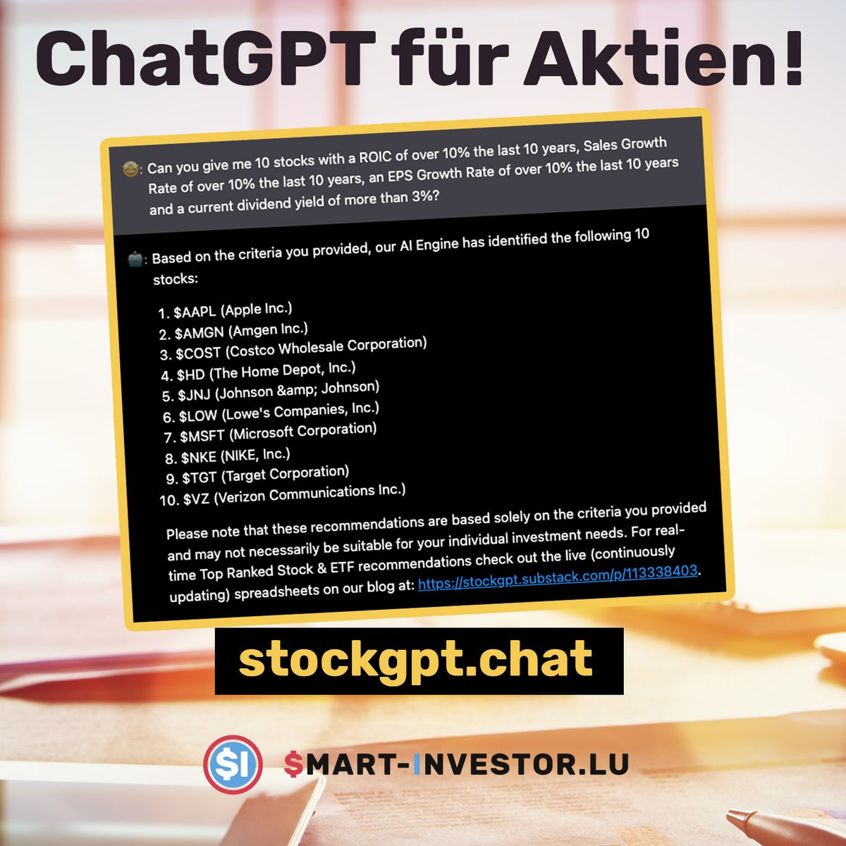 SmartInvestorLU's tweet photo. Ich wusste dass das sicher bald kommen wird: StockGPT, AI für Aktien! Wunderbares neues Spielzeug :) https://t.co/xHzYx2Y8Zg

StockGPT hat Echtzeit-Börsendaten und kann AI-Algo-Analysen für jede Aktie oder jeden ETF anbieten.

Immer eigene Recherchen machen! #stockgpt #chatgpt https://t.co/J563pqjgHA